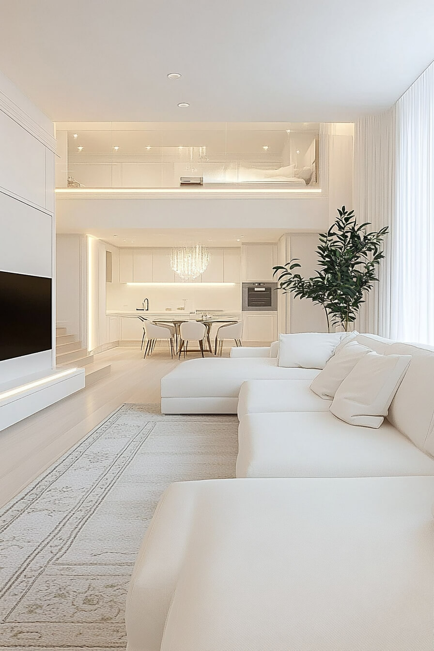 A minimalist white living room with an open layout, kitchen area, and modern furnishings.