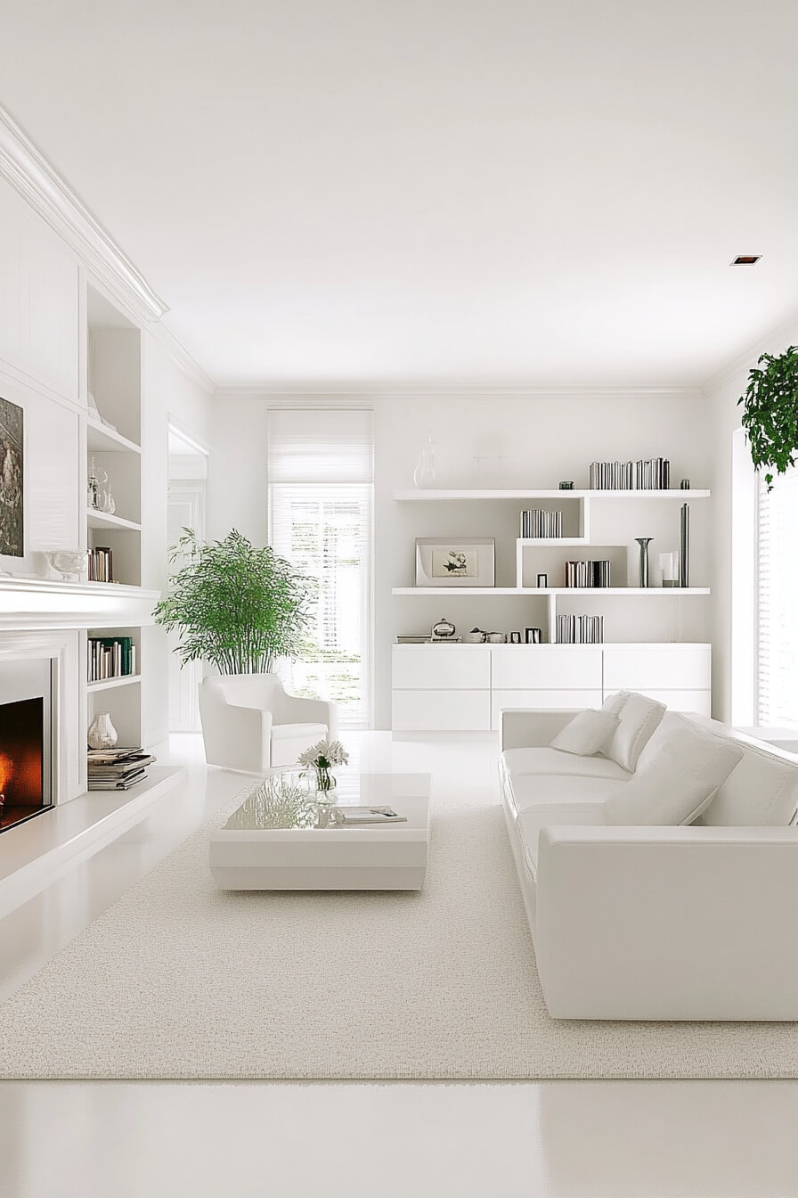 A classic white living room with coffered ceilings, comfortable seating, and warm lighting.