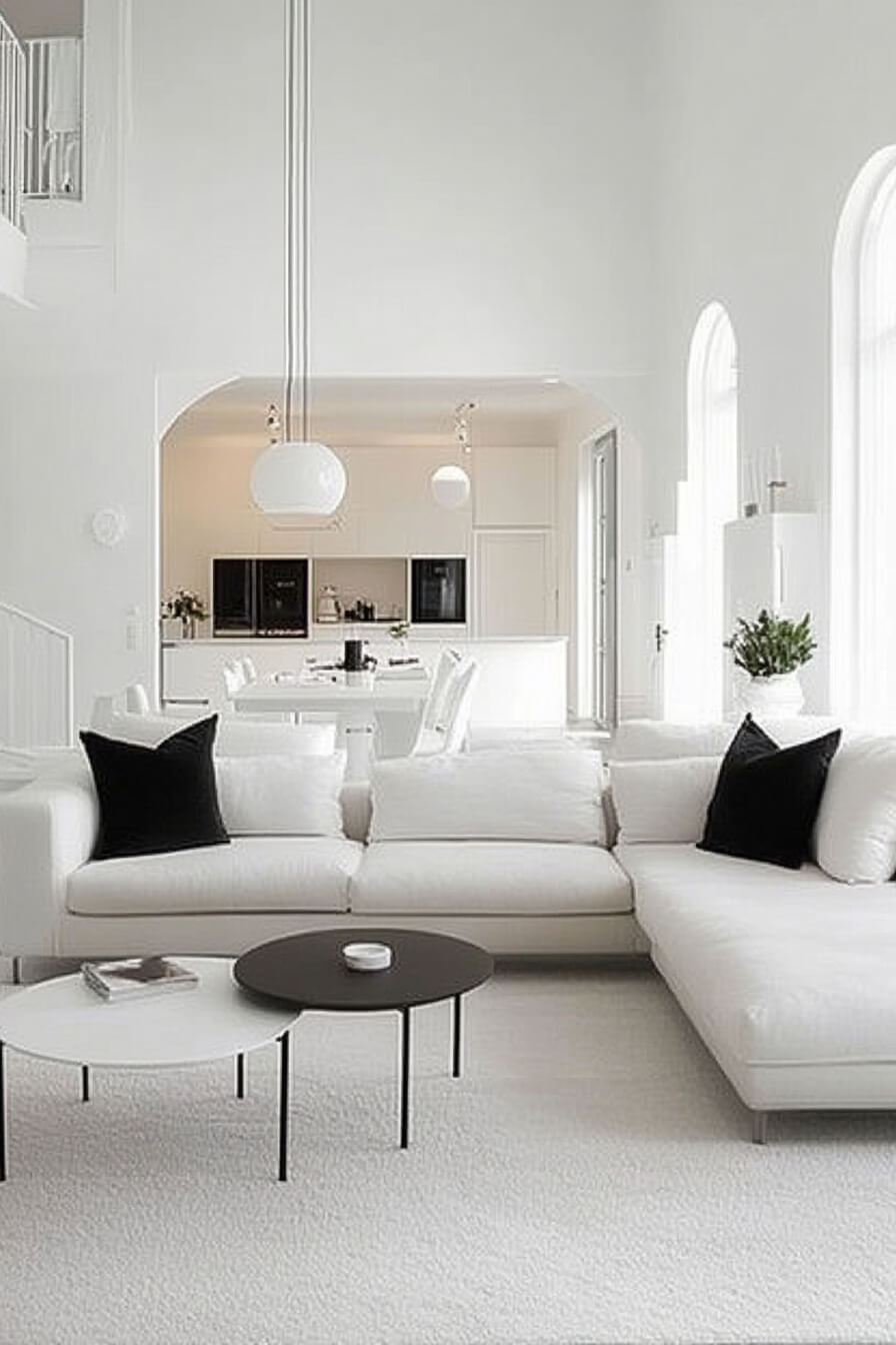 A bright white living room with large windows, a cozy couch, and a fresh indoor plant.