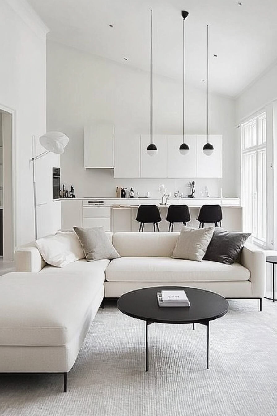 A futuristic white living room with sleek design, glossy floors, and a modern aesthetic.