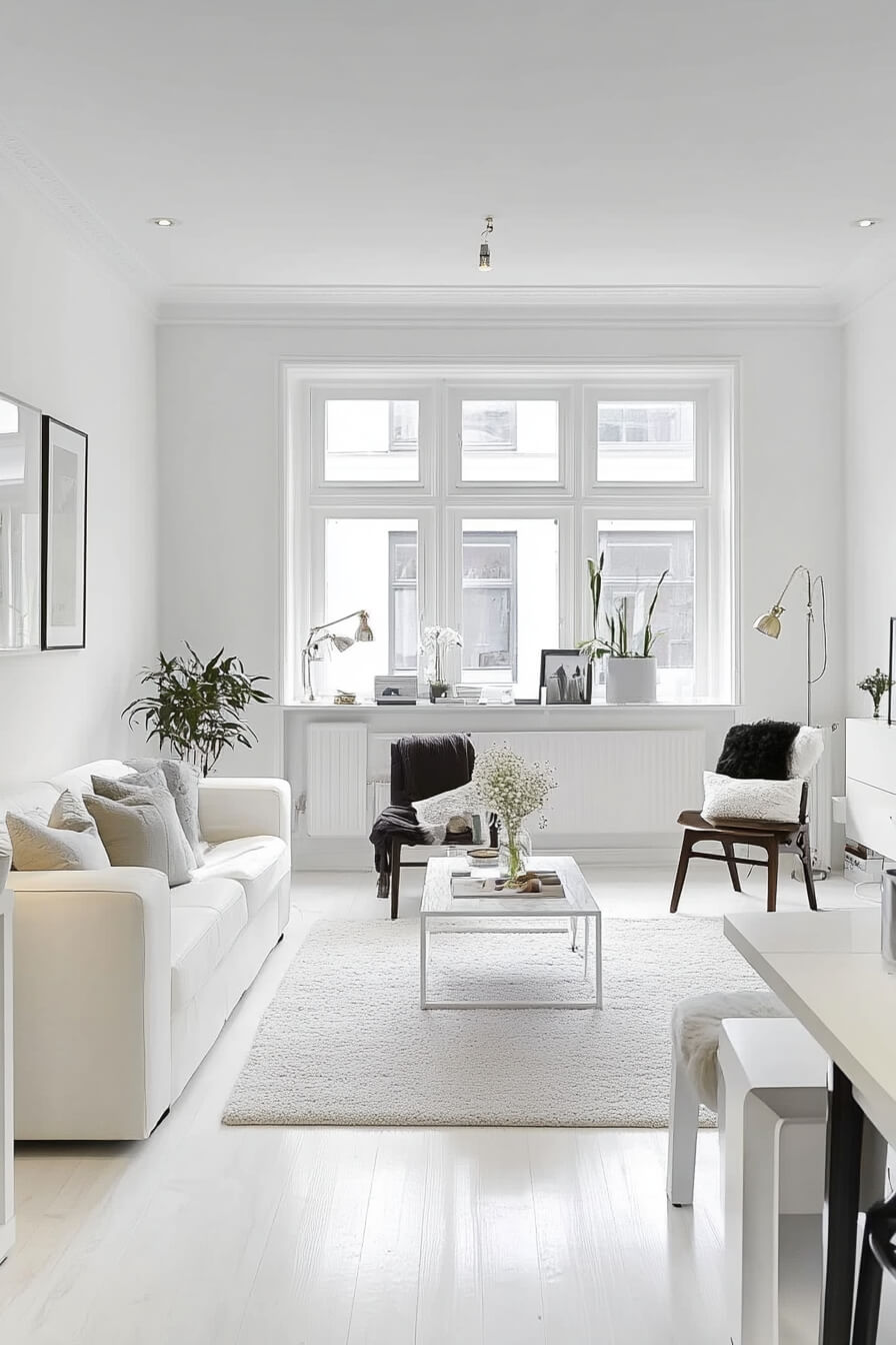 An elegant white living room with ornate ceiling details, plush couches, and refined decor.