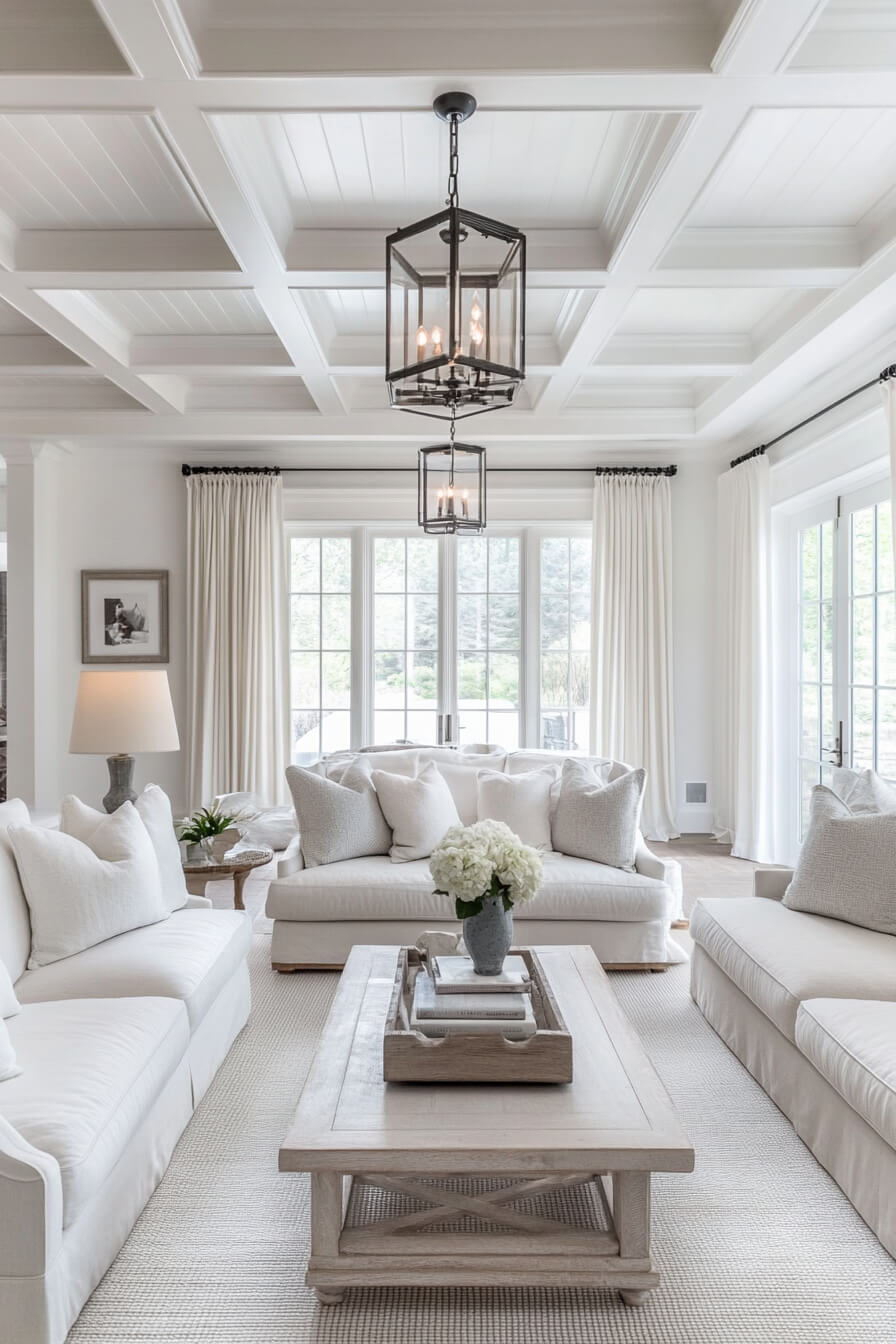 A glamorous white living room with sparkling chandeliers, luxurious furnishings, and opulent touches.