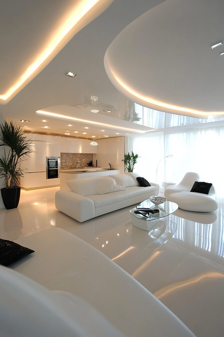 A luxurious white living room with a spiral staircase, modern furniture, and a grand ambiance.