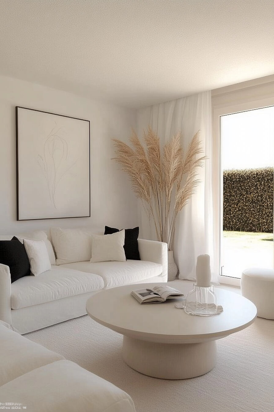 A modern white living room with curved furniture, sheer curtains, and a glass coffee table.