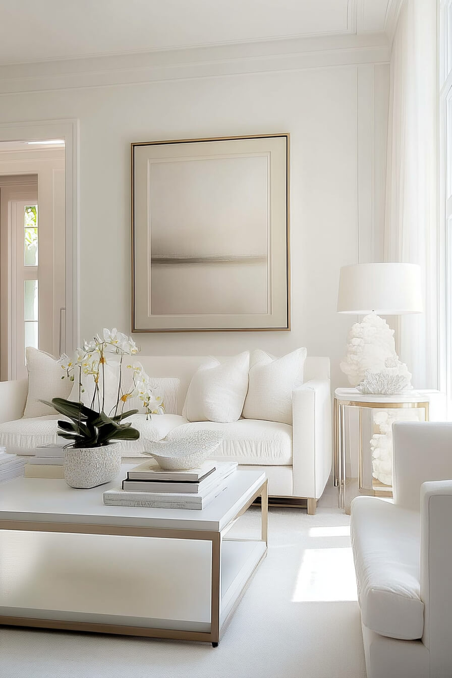 A luxurious white living room featuring elegant chandeliers, plush couches, and a sleek design.