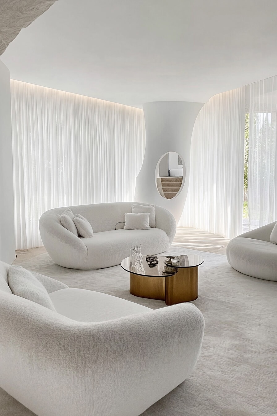 A serene white living room with soft lighting, framed artwork, and comfortable seating.