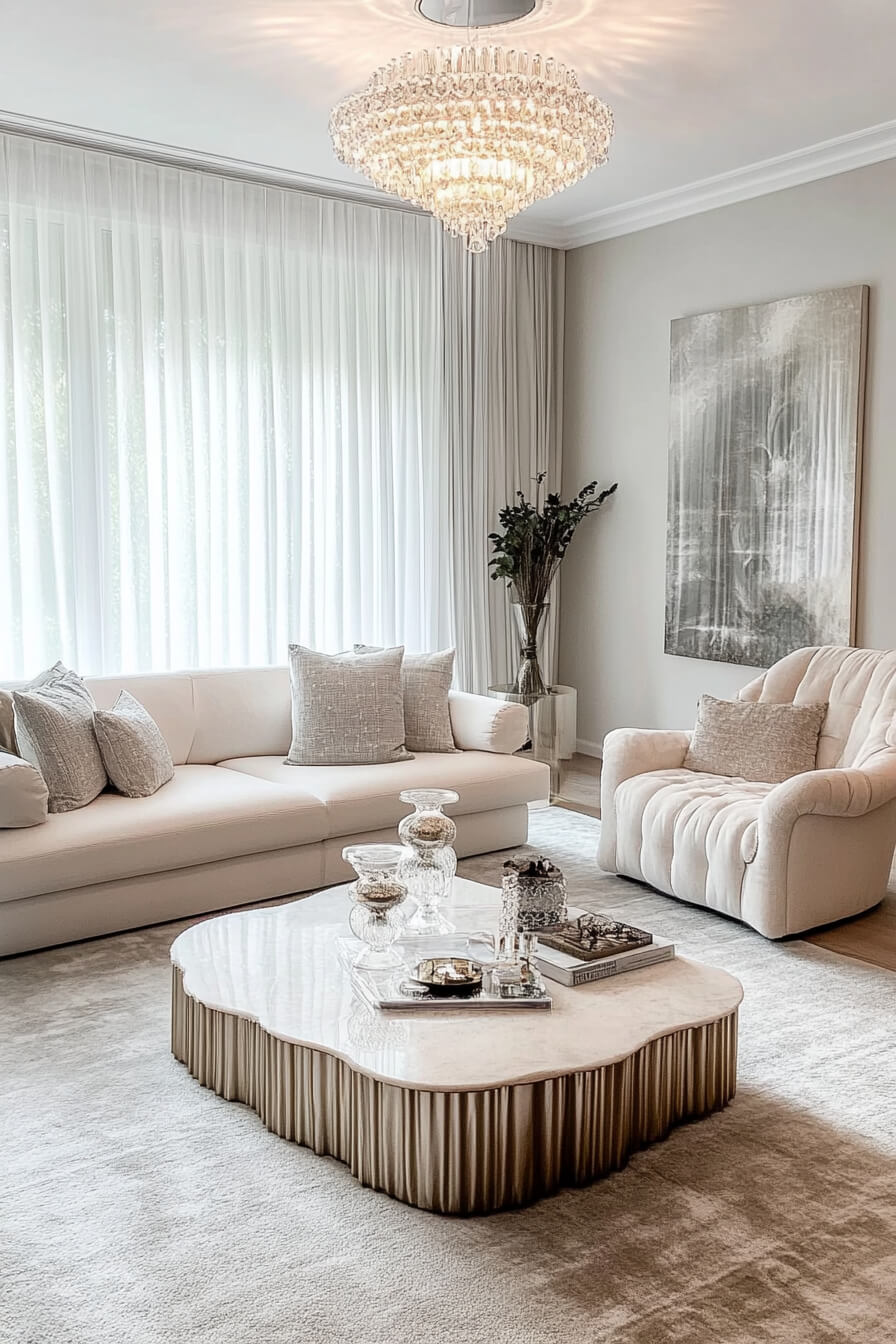 A bright white living room with large windows, a sectional sofa, and decorative pillows.