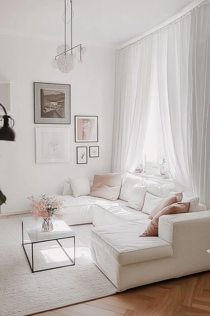 A minimalist white living room with clean lines, a flat-screen TV, and a modern fireplace.