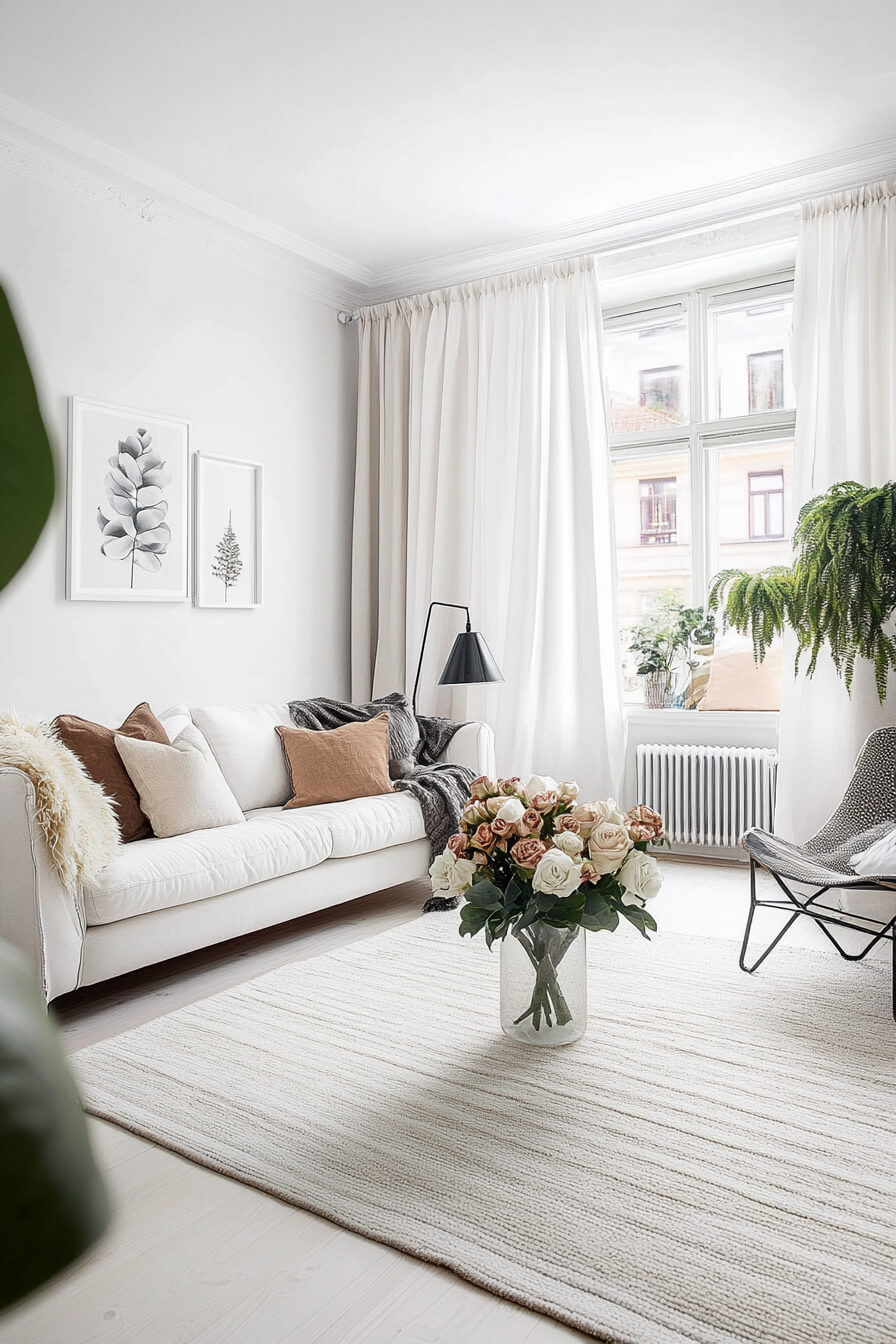 A peaceful white living room with sheer curtains, green plants, and a simple yet stylish setup.