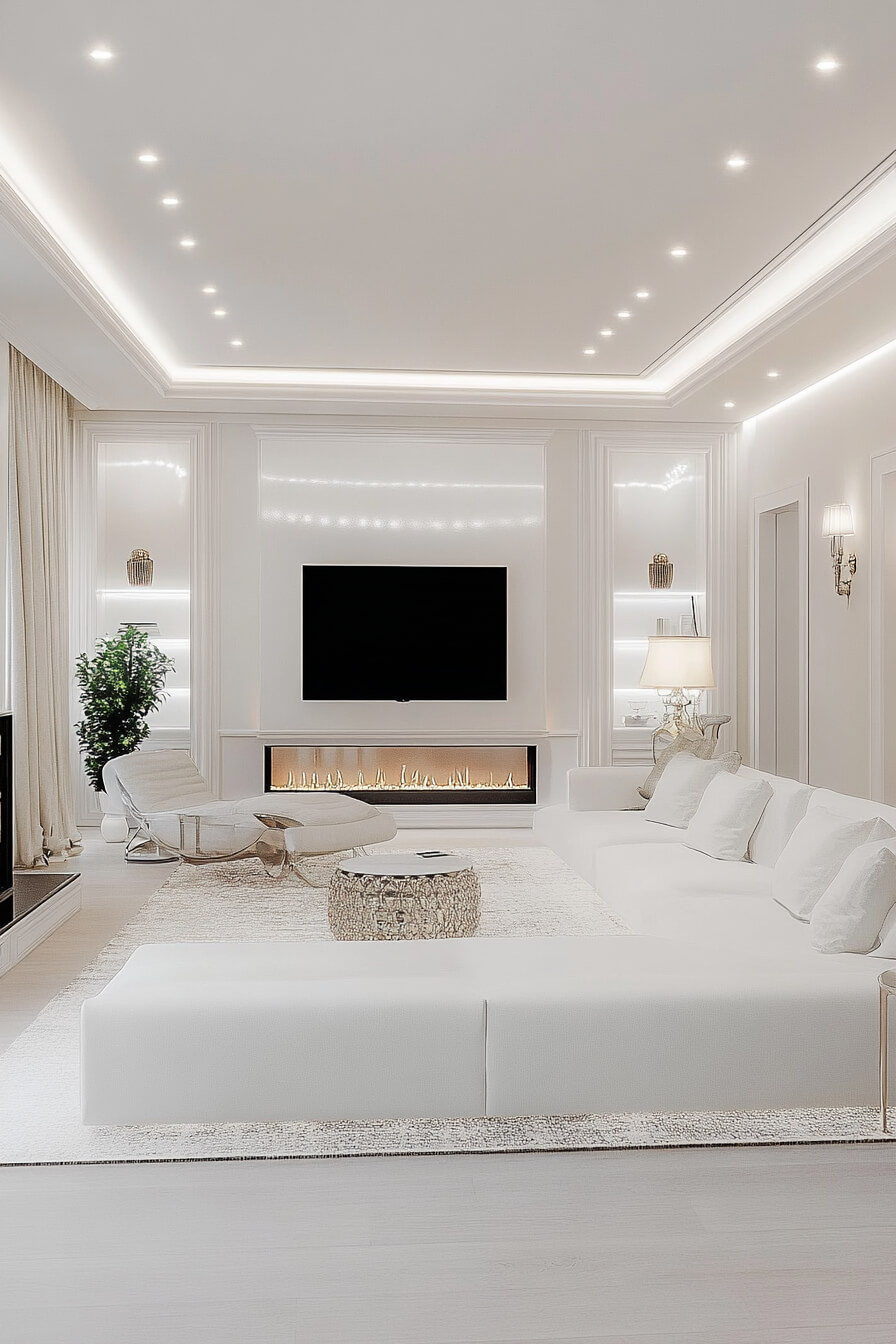 A spacious white living room with a double-height ceiling, built-in shelves, and ample natural light.