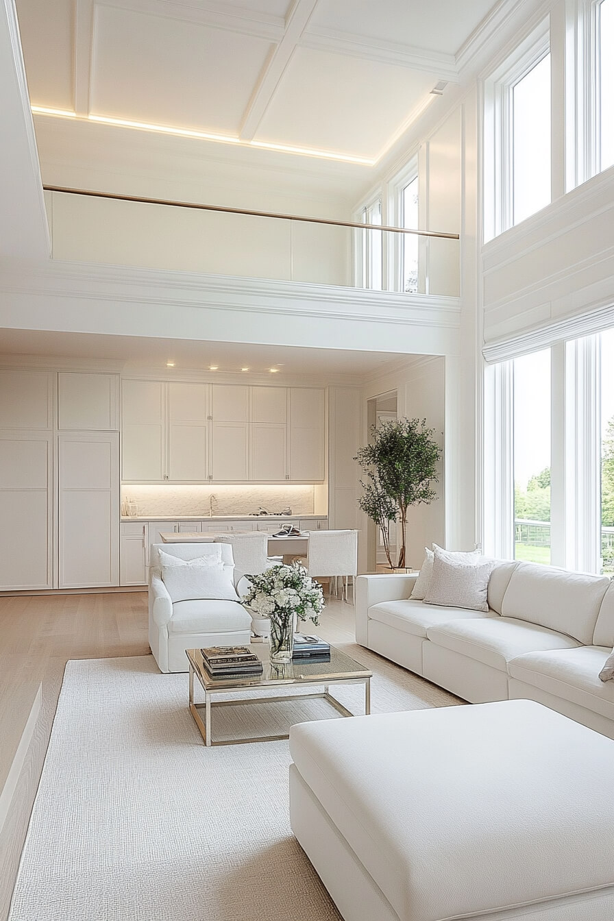 A chic white living room with black accents, round tables, and a contemporary design.