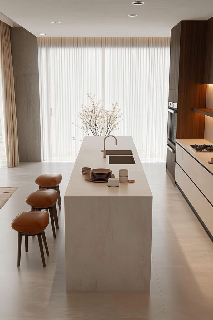 A minimalist kitchen design featuring a sleek island with clean lines, modern pendant lights, and a warm wood floor.