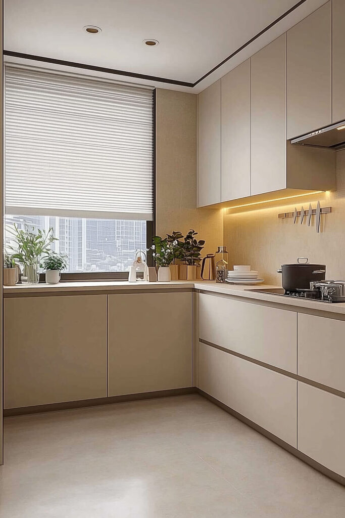 A neutral-toned minimalist kitchen interior with soft lighting and a few natural elements for a calming effect.