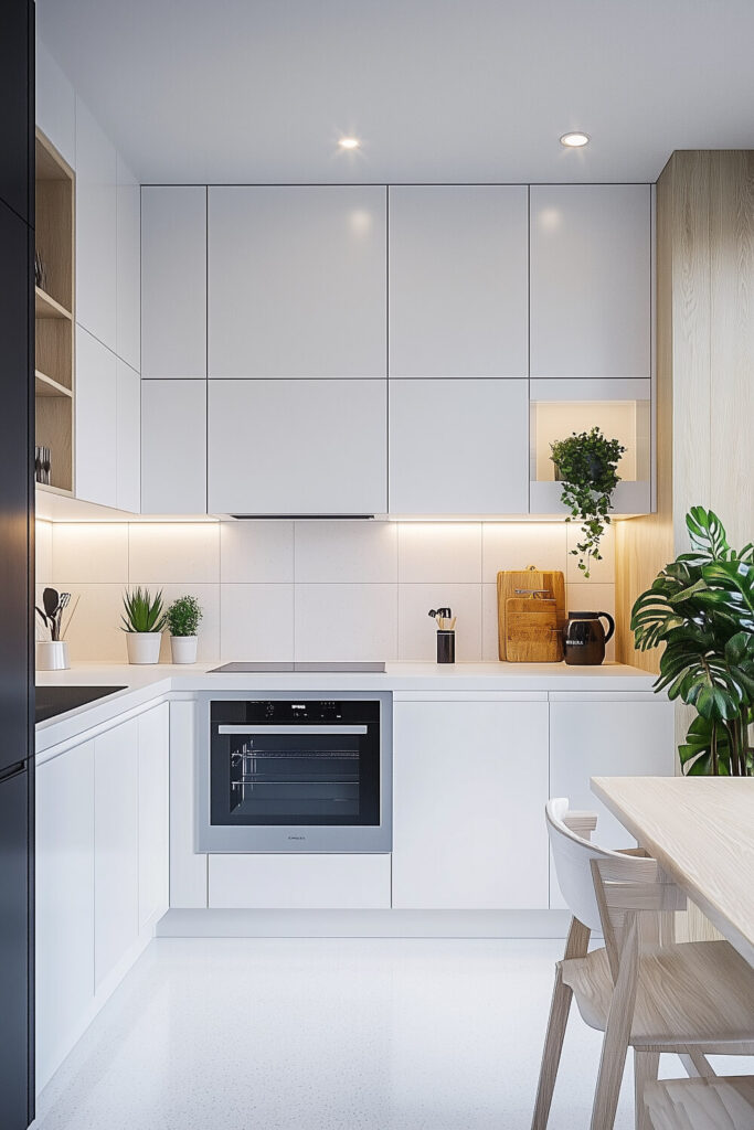 A clean white minimalist kitchen design with natural touches like plants and wooden stools.