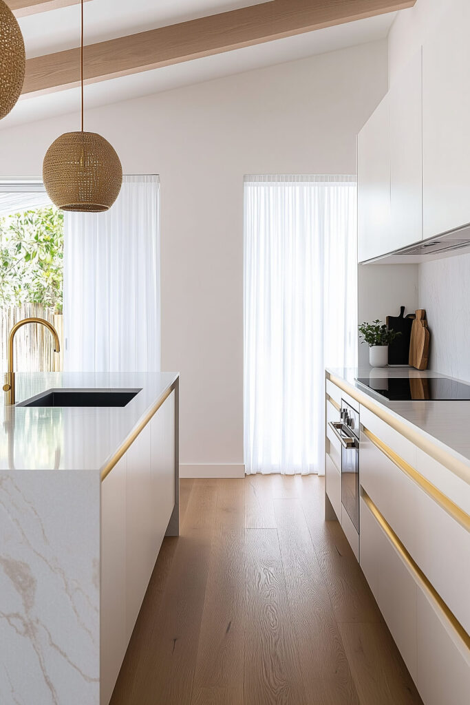 A minimalist kitchen interior with white and wood elements, natural light, and a serene atmosphere.