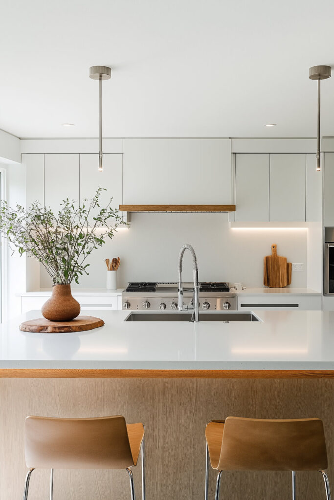 A minimalist kitchen design with white cabinets, natural accents, and a modern, tidy appearance.