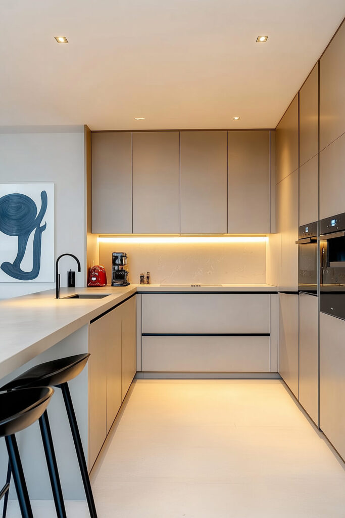 A sleek minimalist kitchen interior with gray cabinets, modern art, and a stylish, contemporary look.