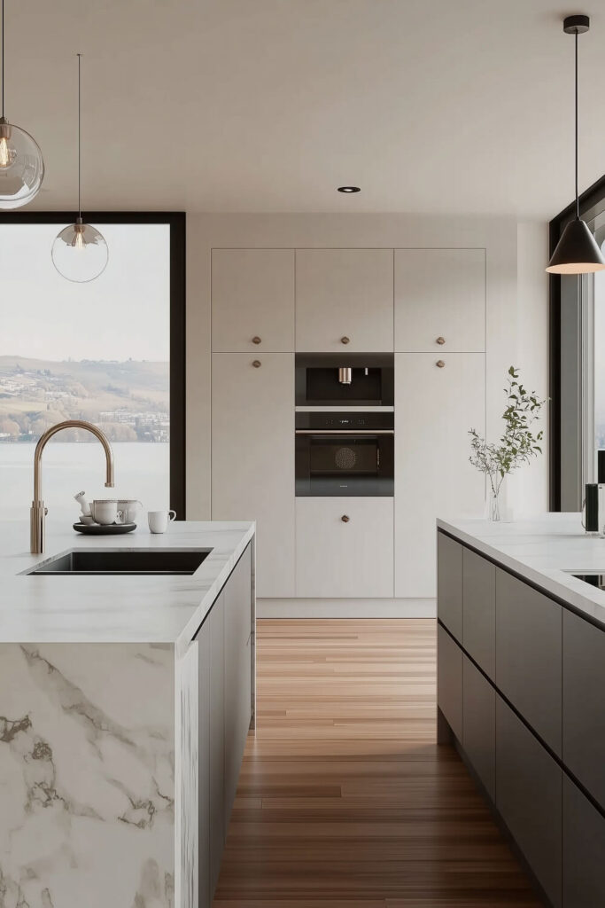 An elegant minimalist kitchen design with scenic views, marble countertops, and a luxurious feel.