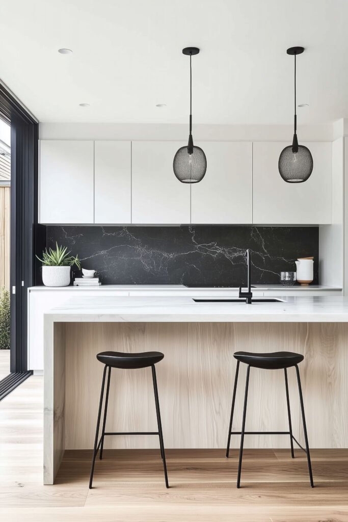 A bold minimalist kitchen interior with black and white contrast, modern pendant lights, and a striking aesthetic.