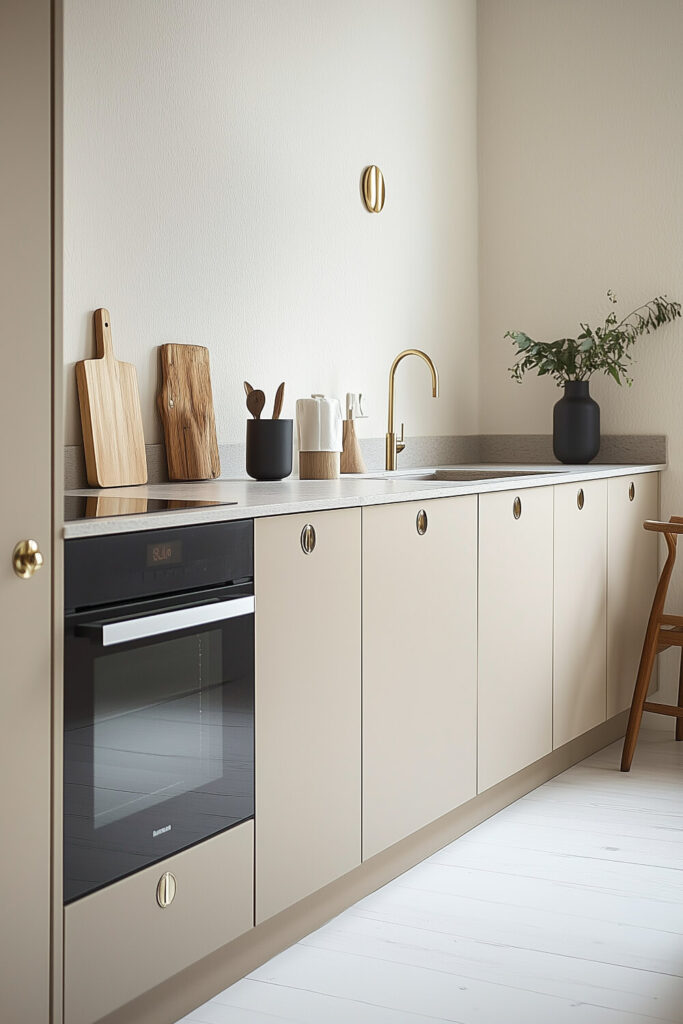 A soft beige minimalist kitchen design with natural accents, modern appliances, and a warm, inviting space.