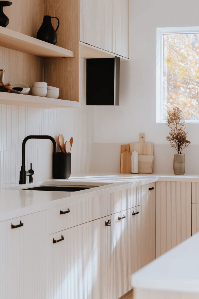 An interior of a minimalist kitchen with open shelving, simple decor, and a bright white color scheme.