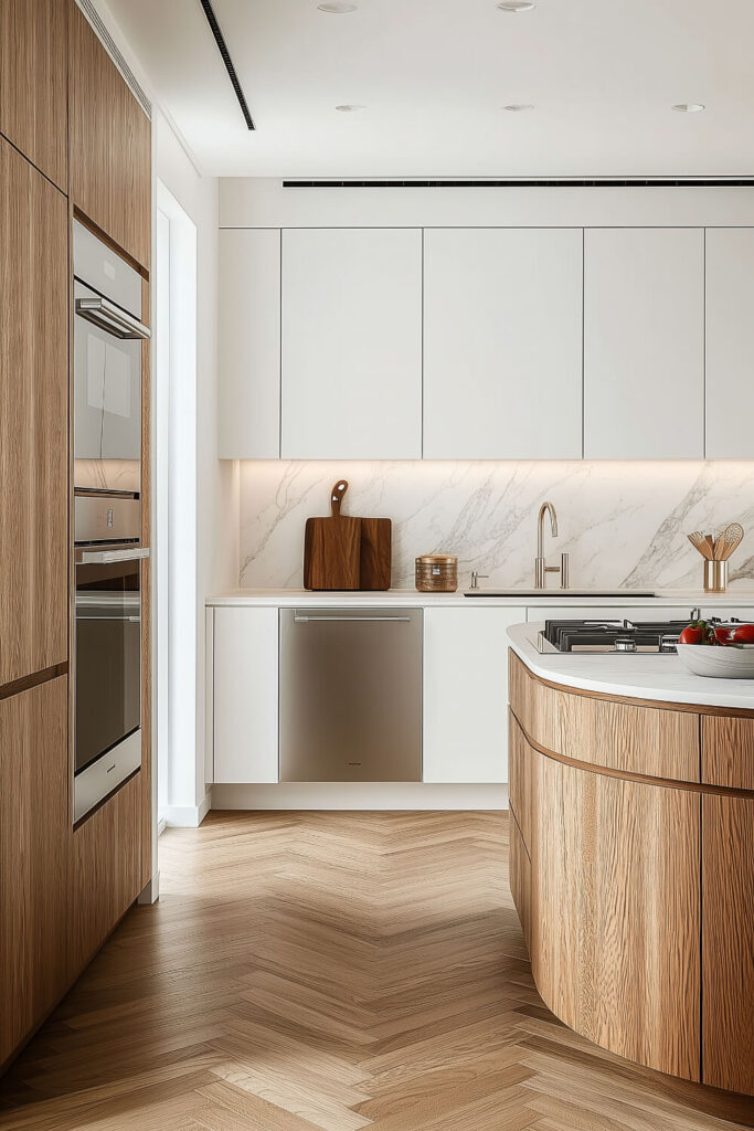 A modern minimalist kitchen design with smooth cabinets, a marble backsplash, and herringbone flooring.