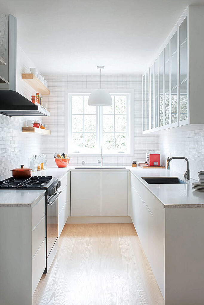 A bright minimalist kitchen interior with natural light streaming through a large window and wooden accents.