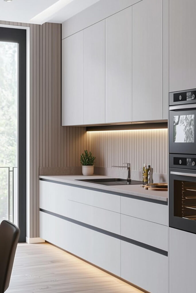 A minimalist kitchen design with soft lighting, sleek white cabinets, and a touch of greenery for warmth.