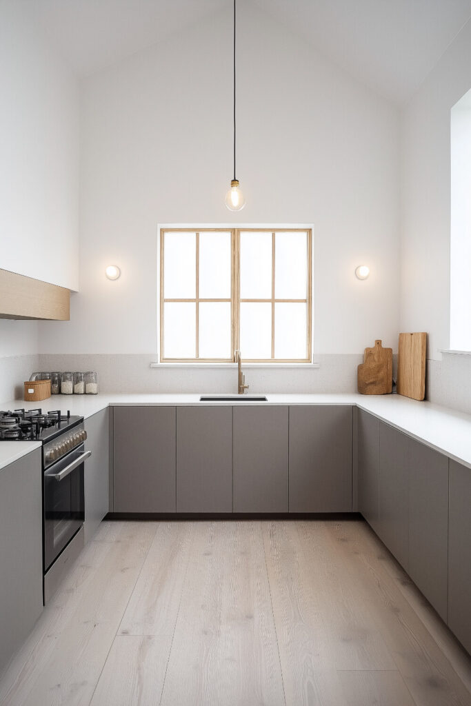 A minimalist gray kitchen interior with natural wood flooring and a clean, uncluttered look.