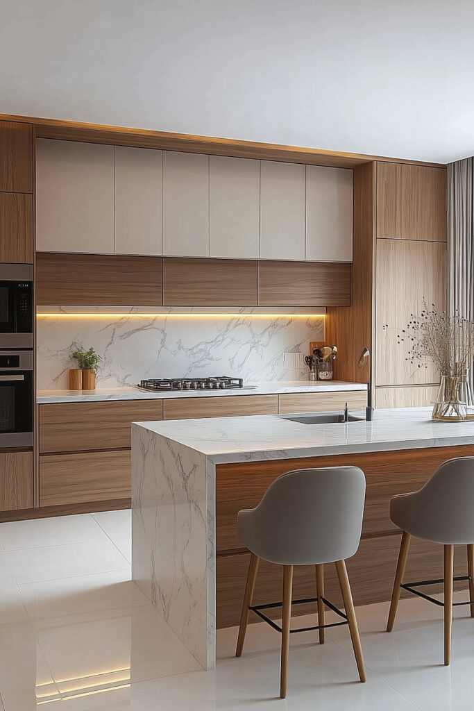 A modern minimalist kitchen design combining wood and marble elements for a luxurious yet simple feel.