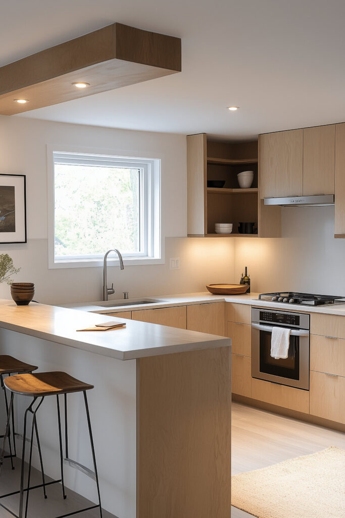 A minimalist kitchen interior with warm wood tones, natural light from a window, and a cozy atmosphere.