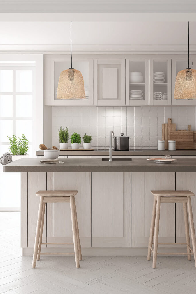 A minimalist kitchen design with soft white cabinets, green plants, and a fresh, airy ambiance.