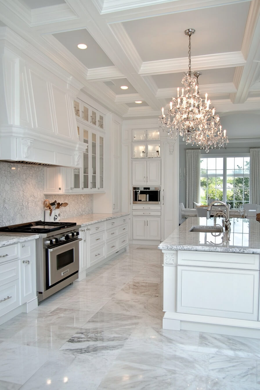 A luxurious white kitchen with marble countertops, elegant cabinetry, and a crystal chandelier, showcasing a stylish Kitchen Design White and a sophisticated Kitchen Room Design.