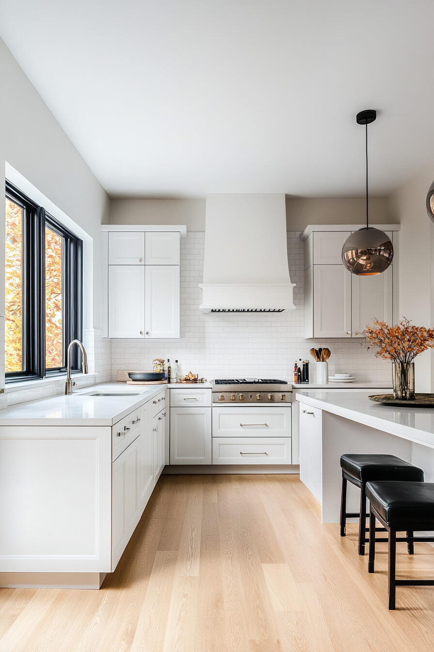 A bright and stylish white kitchen with modern cabinetry, sleek countertops, and a black pendant light, complemented by a large window and warm wood floors, showcasing a sophisticated Kitchen Design White and functional Kitchen Room Design.