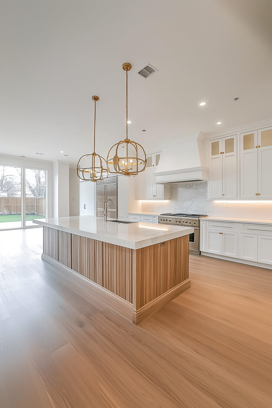 A bright white kitchen featuring a stylish island with wood paneling, elegant gold pendant lights, and a large glass door leading to the backyard, showcasing a modern Kitchen Design White and spacious Kitchen Room Design.