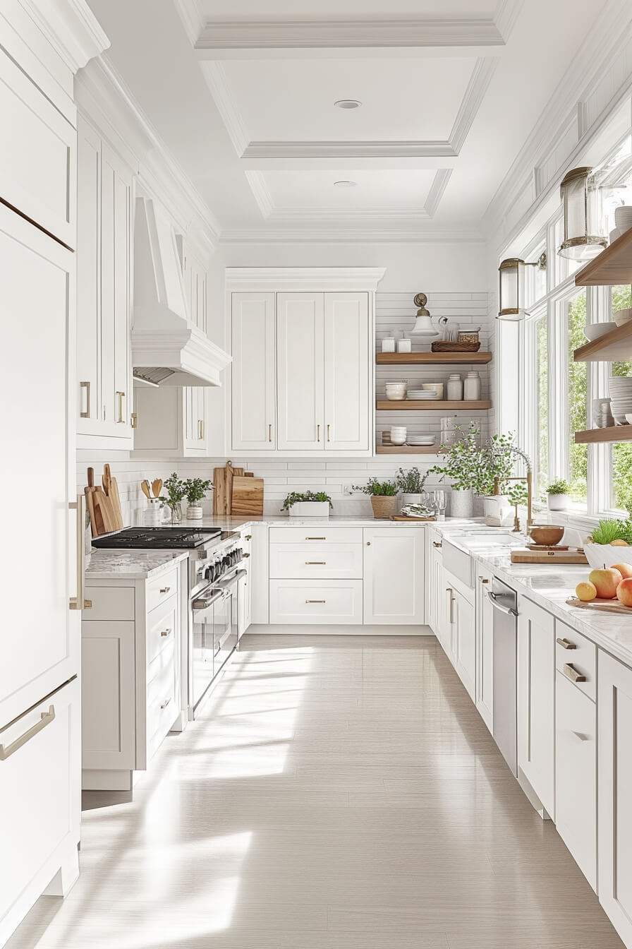 A bright white kitchen with elegant cabinetry, marble countertops, open shelving with plants and dishes, and abundant natural light, showcasing a beautiful Kitchen Design White and airy Kitchen Room Design.