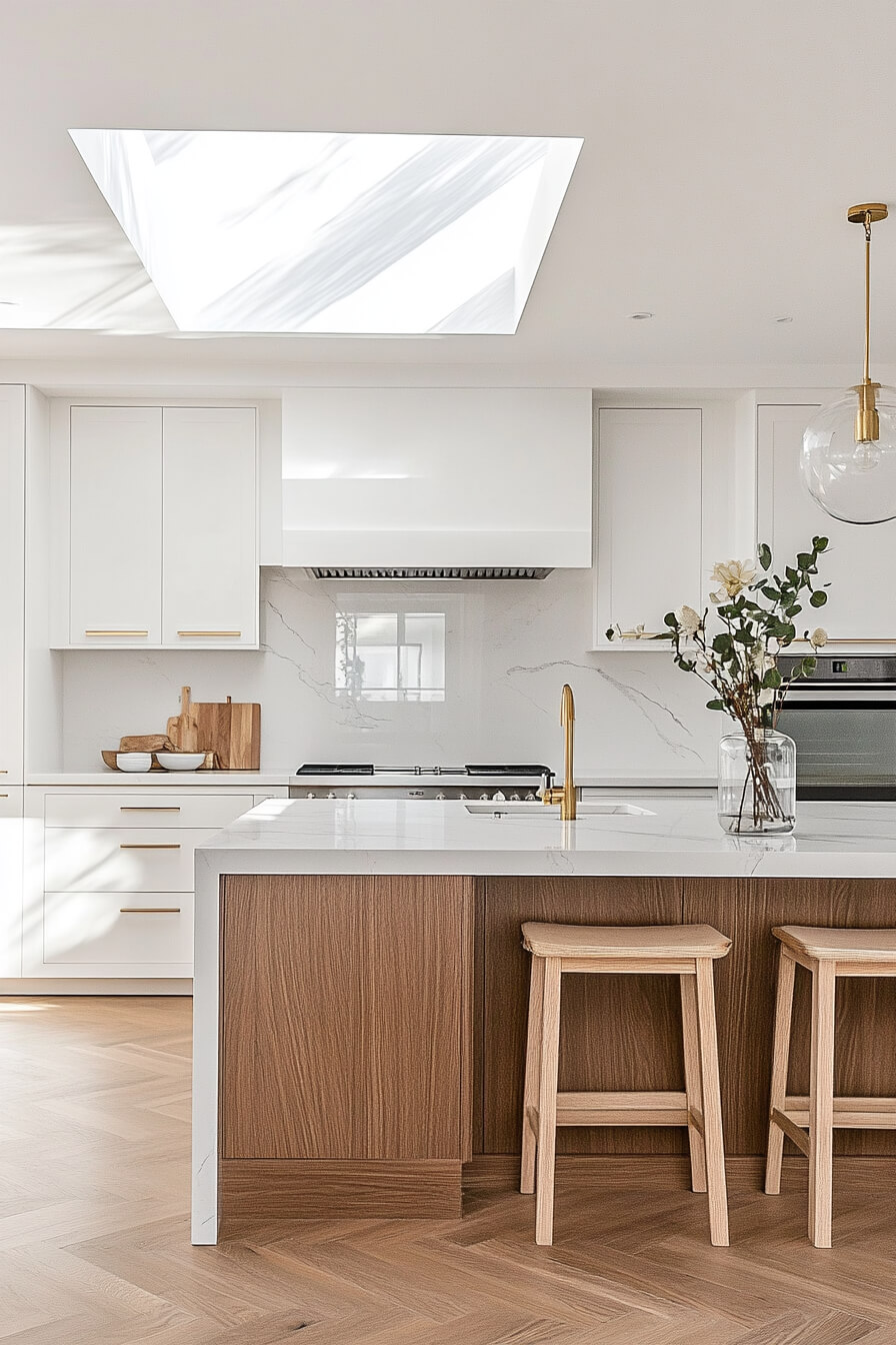 A modern white kitchen with a marble countertop island, wooden accents, a sleek gold faucet, and pendant lighting, featuring a bright skylight for natural light, showcasing a minimalist Kitchen Design White and contemporary Kitchen Room Design.