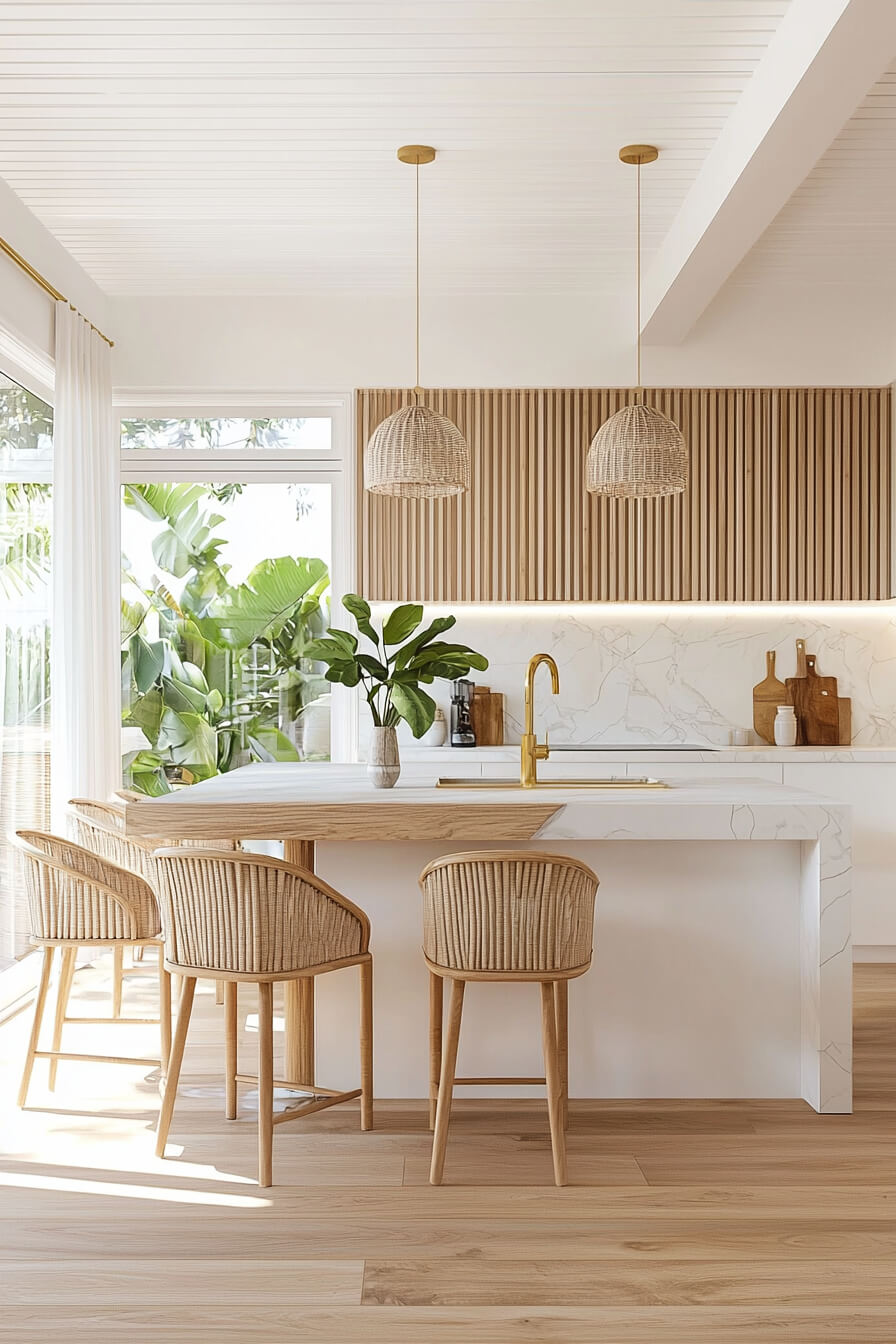 A serene and stylish white kitchen with natural wood accents, rattan bar stools, marble countertops, and modern pendant lights, featuring a lush plant and a bright, airy ambiance, showcasing a chic Kitchen Design White and tranquil Kitchen Room Design.