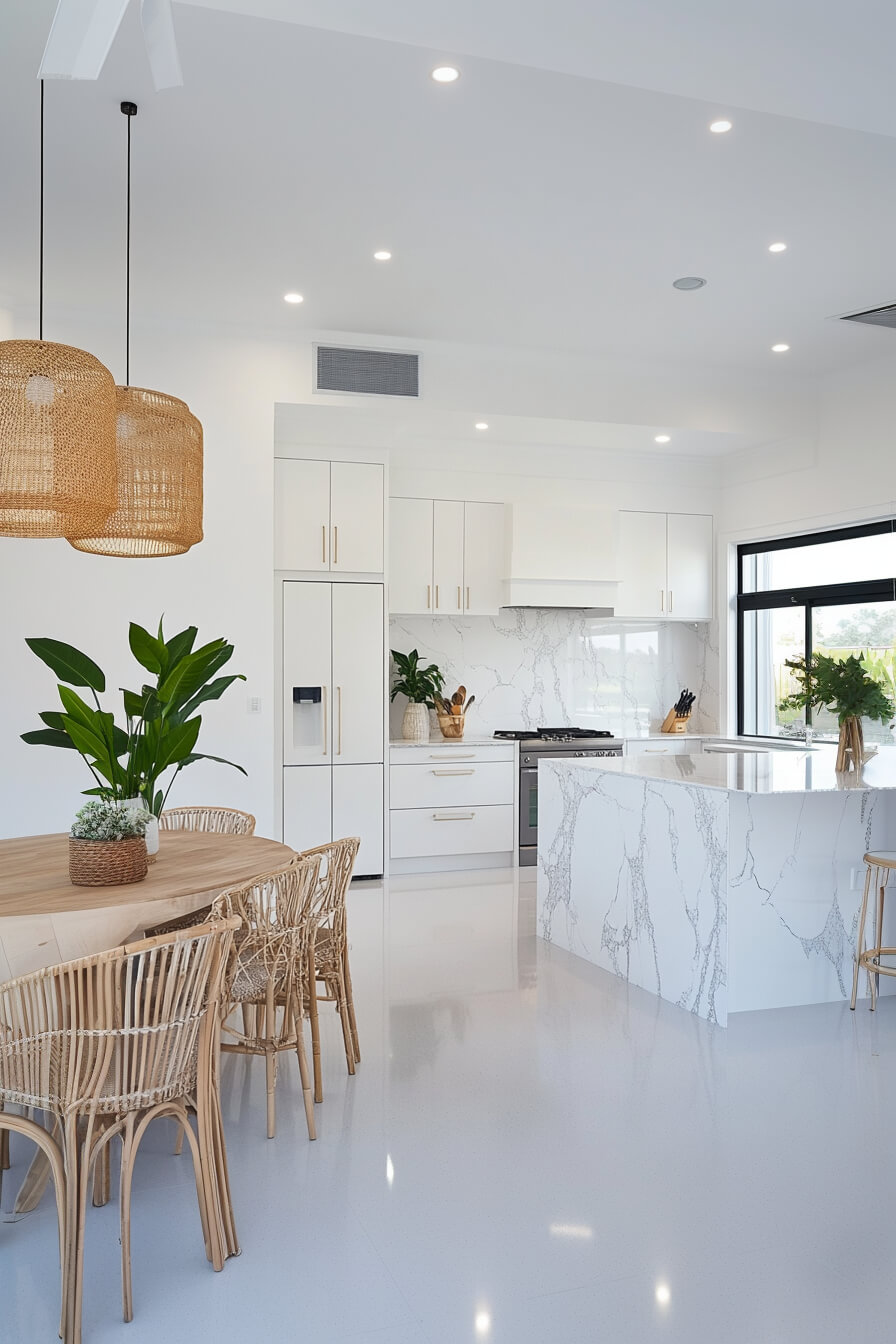 A bright and modern kitchen with sleek white cabinetry, a marble island, rattan pendant lights, and plants adding natural accents, showcasing a clean and fresh Kitchen Design White and inviting Kitchen Room Design.