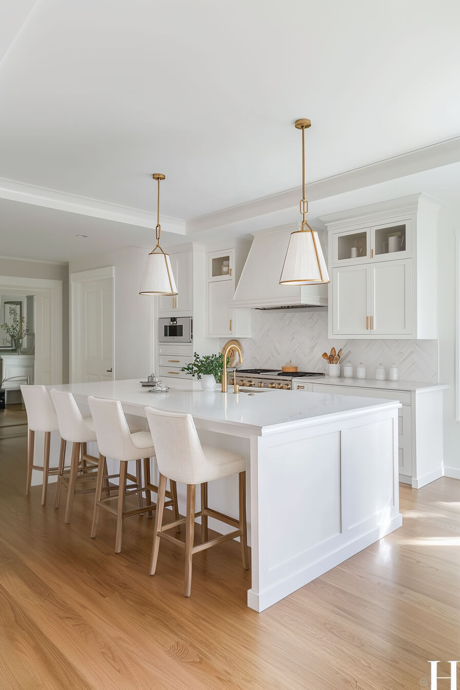 A luxurious white kitchen with a marble island, gold-accented pendant lights, and elegant cabinetry, featuring a warm wooden floor, showcasing a sophisticated Kitchen Design White and a refined Kitchen Room Design.