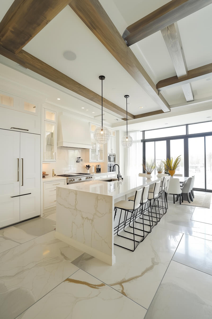 A luxurious white kitchen with a marble island and countertops, accented by wooden beams on the ceiling and stylish pendant lights, offering a spacious and modern Kitchen Design White and bright Kitchen Room Design.