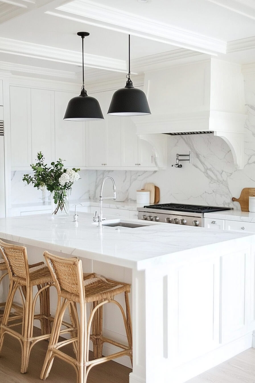 A bright and elegant white kitchen with marble countertops, black pendant lights, and wicker bar stools, showcasing a stylish and functional Kitchen Design White and a sophisticated Kitchen Room Design.