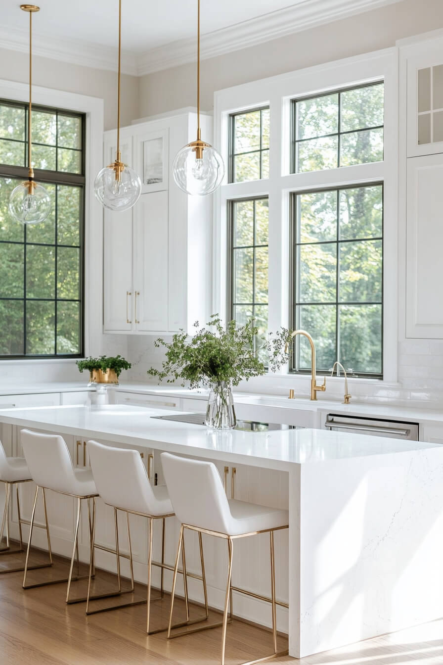 A bright and modern white kitchen featuring a sleek marble island, gold-accented pendant lights, elegant gold hardware, and large windows providing natural light, showcasing a refined Kitchen Design White and airy Kitchen Room Design.