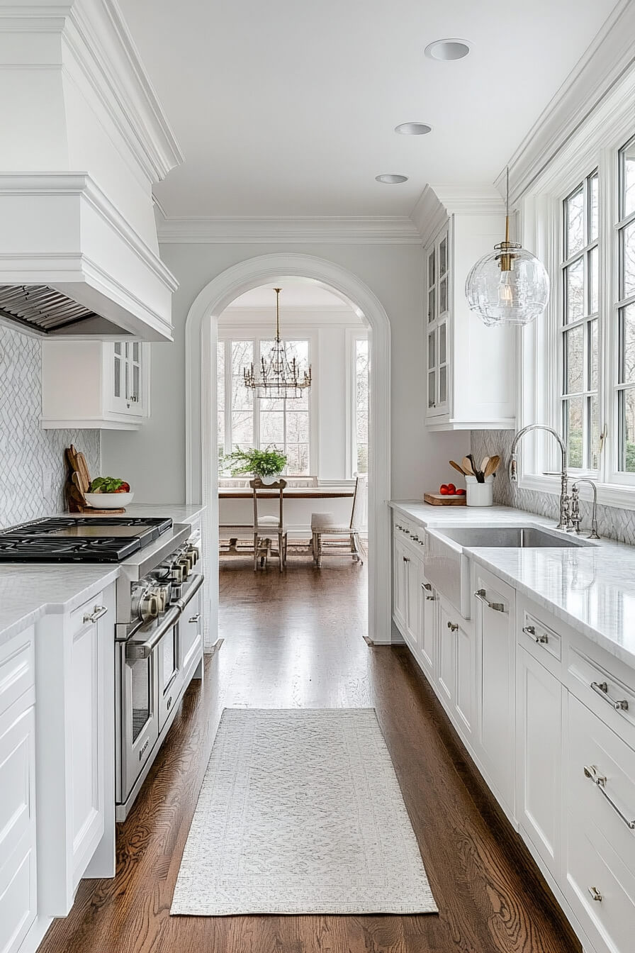 A bright white kitchen with marble countertops, a sleek range, and a charming archway leading to a dining area, showcasing a beautiful Kitchen Design White and an inviting Kitchen Room Design.