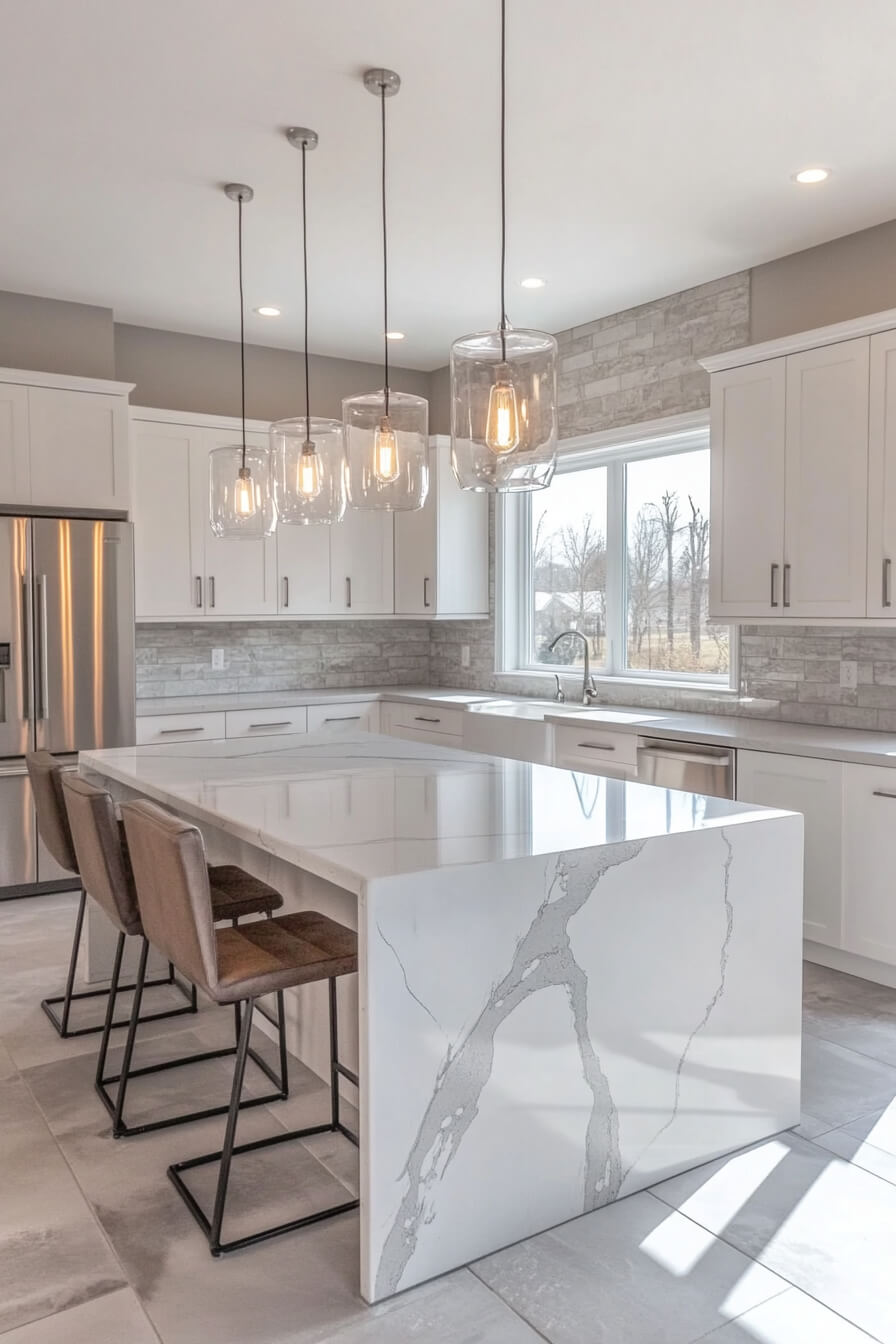 A modern white kitchen with a striking marble island, industrial-style glass pendant lights, and sleek cabinetry, enhanced by natural light from large windows, showcasing a sophisticated Kitchen Design White and functional Kitchen Room Design.