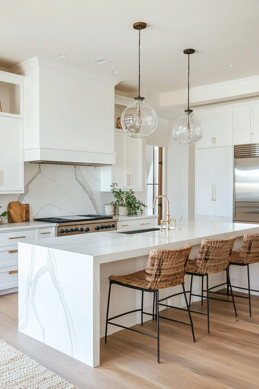 A modern white kitchen with a sleek marble island, glass pendant lighting, and woven bar stools, accented with elegant gold fixtures and a stylish range, showcasing a sophisticated Kitchen Design White and a warm, inviting Kitchen Room Design.