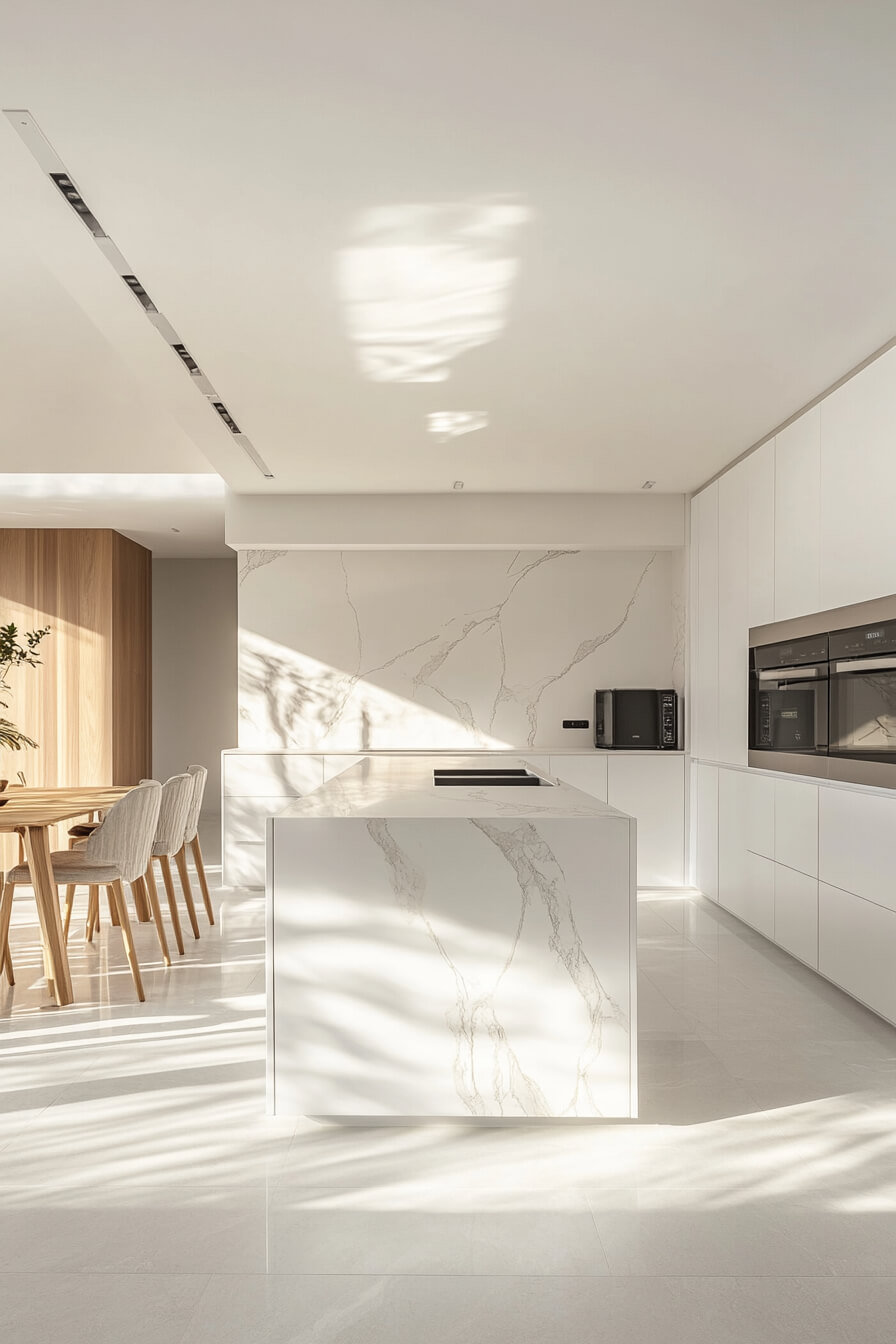 A minimalist white kitchen with a striking marble island, sleek cabinetry, and modern appliances, illuminated by soft natural light and featuring a clean and contemporary Kitchen Design White and spacious Kitchen Room Design.