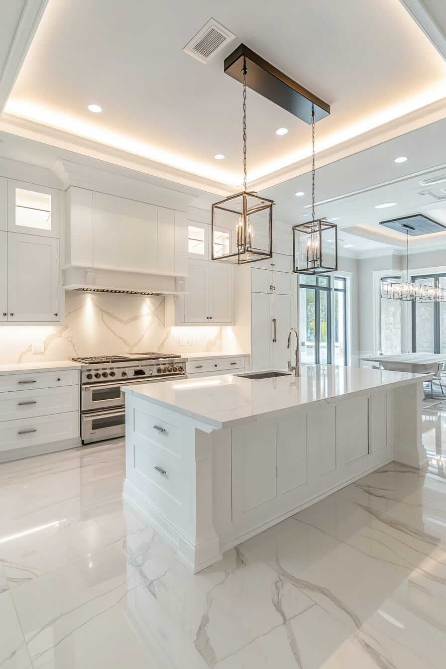 A luxurious white kitchen featuring a large marble island, elegant pendant lighting, and modern appliances, enhanced by soft lighting accents and a bright, spacious ambiance, showcasing a refined Kitchen Design White and contemporary Kitchen Room Design.