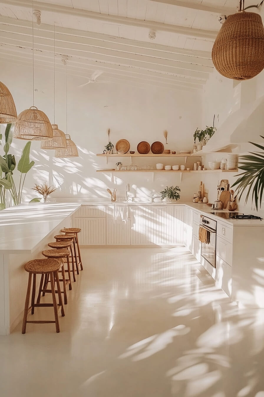 A bright and airy white kitchen with woven bar stools, natural wooden shelving, and boho-inspired accents, featuring a minimalist design with plenty of plants, creating a warm and inviting Kitchen Design White and relaxed Kitchen Room Design.