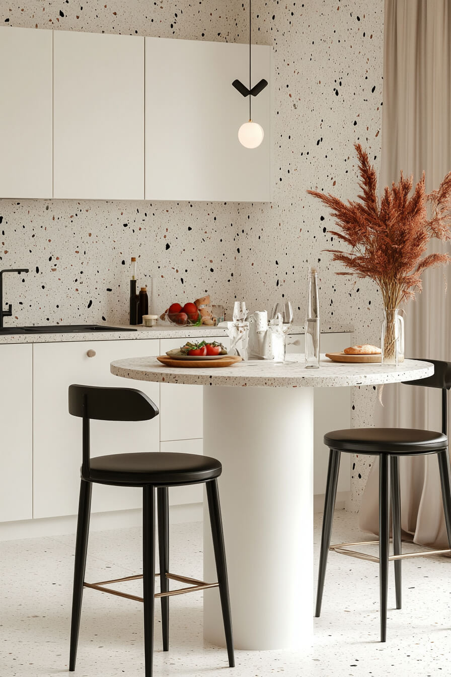 A modern kitchen with a minimalist design, featuring a terrazzo table, black stools, and a simple white and speckled wall, reflecting a contemporary Kitchen Design White and chic Kitchen Room Design.